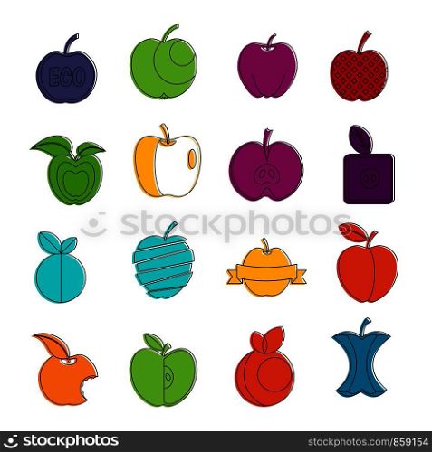 Apple icons set. Doodle illustration of vector icons isolated on white background for any web design. Apple icons doodle set