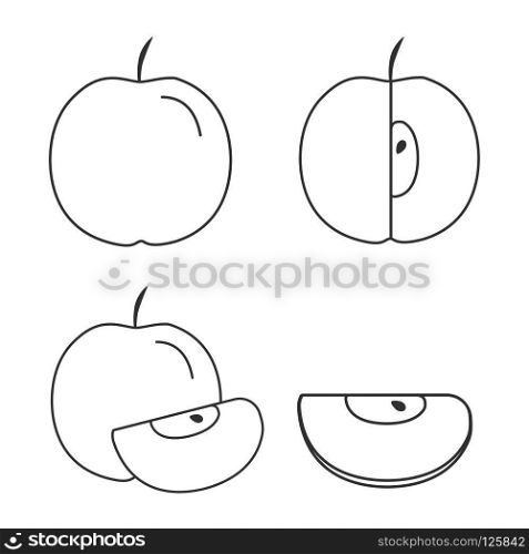 Apple icons set in black flat outline design. Whole, half and slice apples.