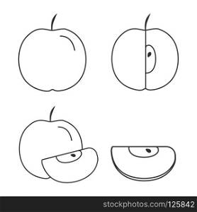 Apple icons set in black flat outline design. Whole, half and slice apples.