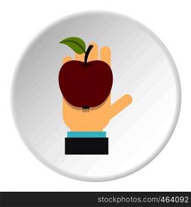 Apple in hand icon in flat circle isolated vector illustration for web. Apple in hand icon circle