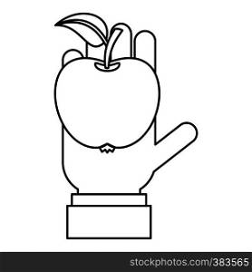 Apple in hand icon. Outline illustration of apple in hand vector icon for web design. Apple in hand icon, outline style