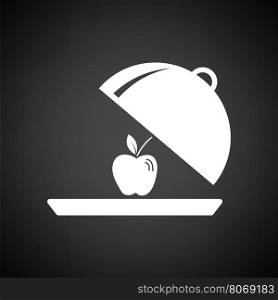 Apple inside cloche icon. Black background with white. Vector illustration.