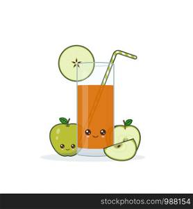 apple juice. Cute kawai smiling cartoon juice with slices in a glass with juice straw.