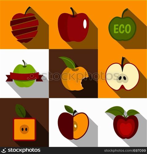 Apple label icons set. Flat set of 9 apple label vector icons for web with long shadow. Apple label icons set, flat style
