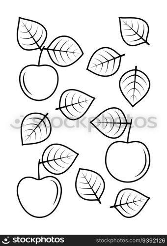 Apple leaves and apple fruits vector line icons. Nature and ecology. Apple, leaf, plant, vector, icons, drawing. Isolated icon of leaves and fruits apple for websites on white background.
