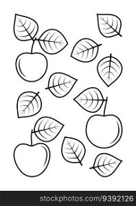 Apple leaves and apple fruits vector line icons. Nature and ecology. Apple, leaf, plant, vector, icons, drawing. Isolated icon of leaves and fruits apple for websites on white background.