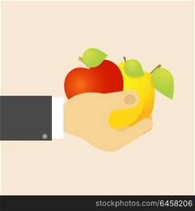 Apple lemon pear in hand. . Apple lemon pear in hand. The concept of a natural healthy diet. Vector illustration .
