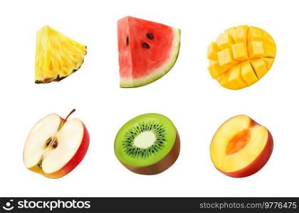 Apple, mango, watermelon, pineapple, kiwi and peach fruits. Realistic vector tropical and garden fruits halves and slices isolated 3d fruits. Ripe summer juicy harvest food. Apple, mango, watermelon, pineapple, kiwi, peach