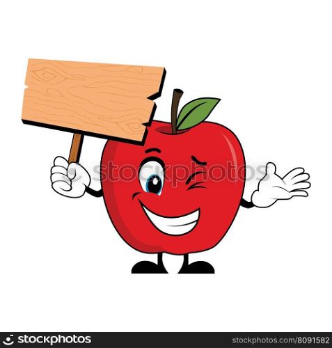 Apple Mascot Cartoon Holding Up A Blank Wood Sign. Suitable for poster, banner, web, icon, mascot, background