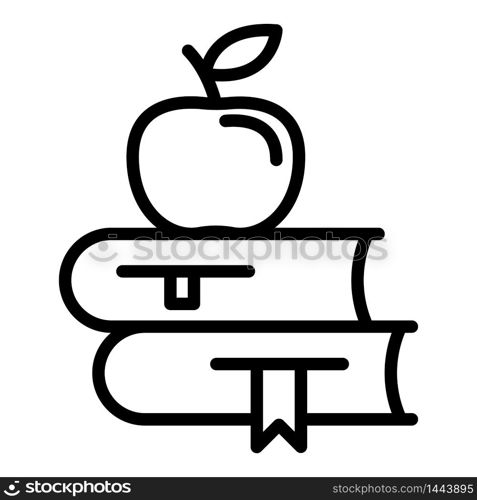 Apple on books icon. Outline apple on books vector icon for web design isolated on white background. Apple on books icon, outline style