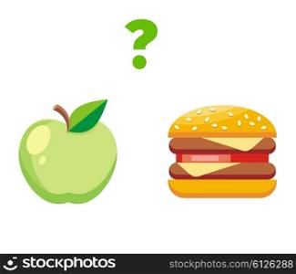 Apple or burger food design flat. Healthy diet or hamburger, fruit or unhealthy cheeseburger, fresh or fast, choice and decision, lunch sandwich or apple vector illustration
