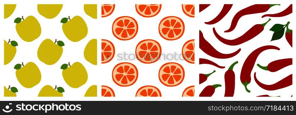 Apple, orange slice, pepper. Fruits and vegetables seamless pattern set. Fashion design. Food print for clothes, linens or curtain. Hand drawn vector sketch background collection