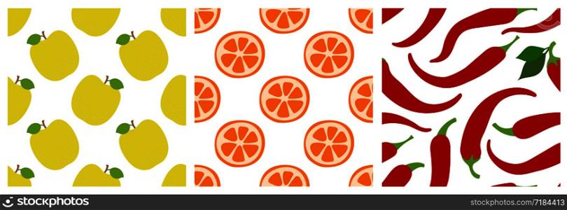 Apple, orange slice, pepper. Fruits and vegetables seamless pattern set. Fashion design. Food print for clothes, linens or curtain. Hand drawn vector sketch background collection