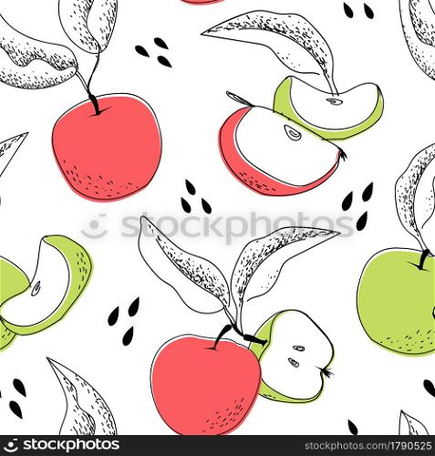 Apple pattern. Cartoon seamless print with orchard red or green fruits. Healthy organic product package template. Hand drawn leaves and seeds. Vegetarian vitamin food. Vector garden harvest texture. Apple pattern. Cartoon seamless print with orchard red or green fruits. Healthy organic product package. Hand drawn leaves and seeds. Vegetarian food. Vector garden harvest texture