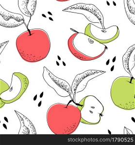Apple pattern. Cartoon seamless print with orchard red or green fruits. Healthy organic product package template. Hand drawn leaves and seeds. Vegetarian vitamin food. Vector garden harvest texture. Apple pattern. Cartoon seamless print with orchard red or green fruits. Healthy organic product package. Hand drawn leaves and seeds. Vegetarian food. Vector garden harvest texture