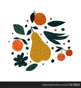 Apple, pear, cherry berries and leaves on a white background. Hand draw fruits print. Vector illustration.. Apple, pear, cherry berries and leaves on a white background.