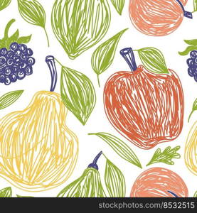 Apple, pear, peach, lime and blackberry. Fruit bundle seamless pattern. Color vector illustration set. Pen or marker doodle drawing.
