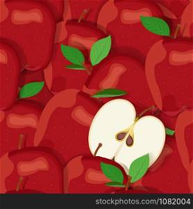 Apple pile seamless pattern and half. Red apples fruits vector illustration.