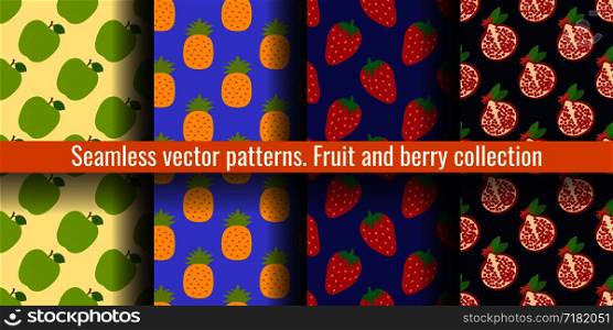 Apple, pineapple, strawberry and garnet. Fruit seamless pattern set. Food print for clothes or linens. Fashion design. Beauty vector sketch background collection