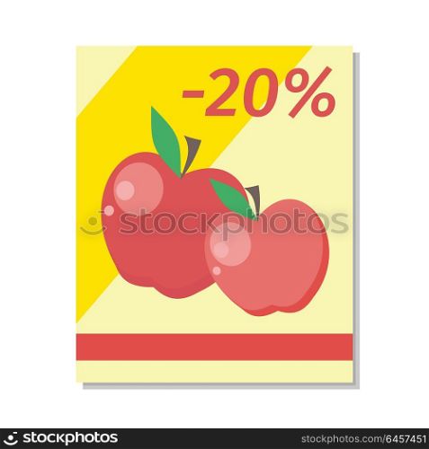 Apple sale vector in flat style design. Two read apples pictures wiht percent discount sign. Fruit illustration for sale banners, label printing, shop signs. Isolated on white background. . Apple Sale Vector Illustration in Flat Design.