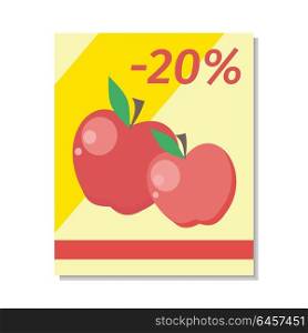 Apple sale vector in flat style design. Two read apples pictures wiht percent discount sign. Fruit illustration for sale banners, label printing, shop signs. Isolated on white background. . Apple Sale Vector Illustration in Flat Design.