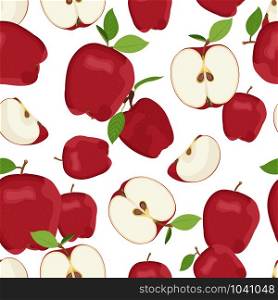 Apple seamless pattern and slice dropping on white background. Red apples fruits vector illustration.