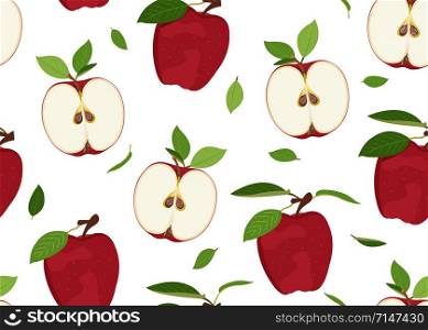 Apple seamless pattern and slice with leaves on a white background. Red apples fruits vector illustration.