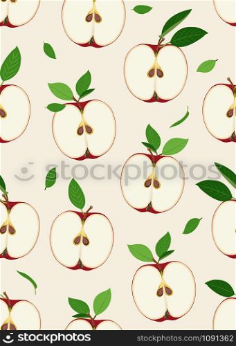Apple seamless pattern and slice with leaves on vintage background. Red apples fruits vector illustration.
