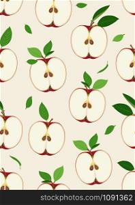 Apple seamless pattern and slice with leaves on vintage background. Red apples fruits vector illustration.