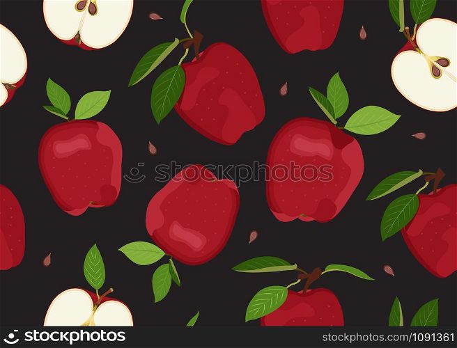 Apple seamless pattern and slice with seed on black background. Red apples fruits vector illustration.
