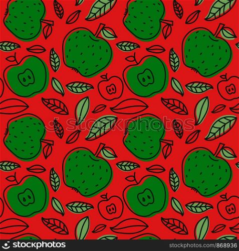 Apple seamless pattern. Hand drawn fresh fruit. Multicolored vector sketch background. Colorful doodle wallpaper. Red and green print