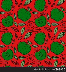 Apple seamless pattern. Hand drawn fresh fruit. Multicolored vector sketch background. Colorful doodle wallpaper. Red and green print
