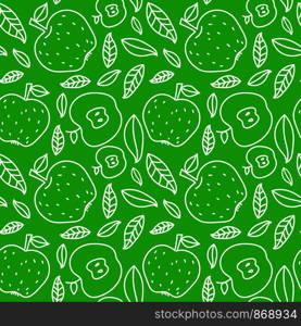 Apple seamless pattern. Hand drawn fresh fruit. Vector sketch background. Color doodle wallpaper. White and green print