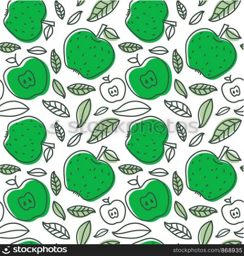 Apple seamless pattern. Hand drawn fresh fruit. Vector sketch background. Color doodle wallpaper. White and green print