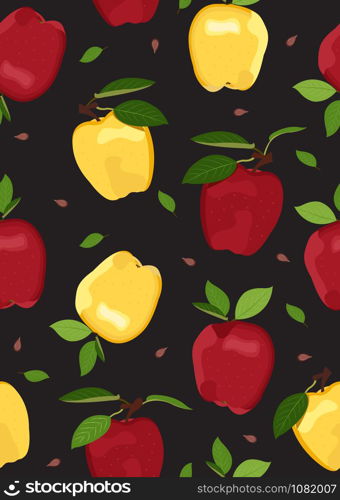 Apple seamless pattern on black background. Red and Yellow apples fruits vector illustration.