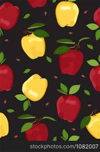 Apple seamless pattern on black background. Red and Yellow apples fruits vector illustration.