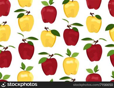 Apple seamless pattern on white background. Red and Yellow apples fruits vector illustration.