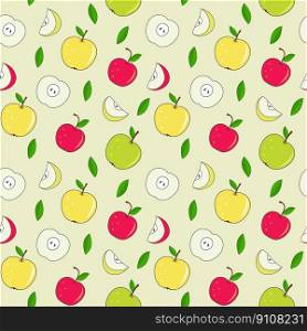Apple seamless pattern. Plenty of colorful fruits and leaves. Whole apples, halves and quarters. Vector illustration. Graphic design.