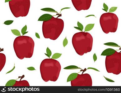 Apple seamless pattern with leaves on a white background. Red apples fruits vector illustration.