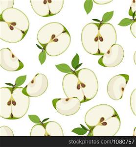Apple slice seamless pattern dropping on white background. Green apples fruits vector illustration.
