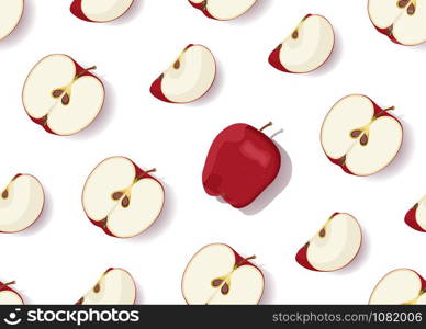 Apple slice seamless pattern with shadow on white background. Red apples fruits vector illustration.