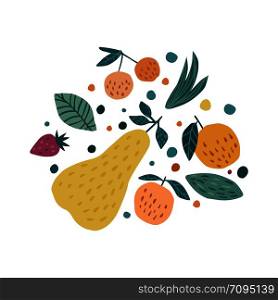 Apple, strawberry, pear and cherry berries on a white background. Hand draw fruits print. Funny vector illustration.. Apple, strawberry, pear and cherry berries on a white background.