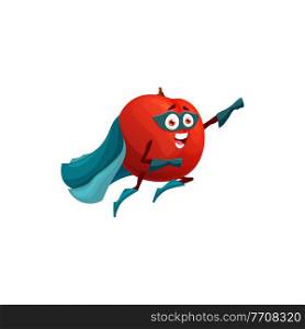 Apple superhero fruit cartoon character, vector food in super hero costume and mask. Happy apple fruit as powerful superhero flying and fighting in magic power cape. Fruit superhero, apple in super hero cape, cartoon