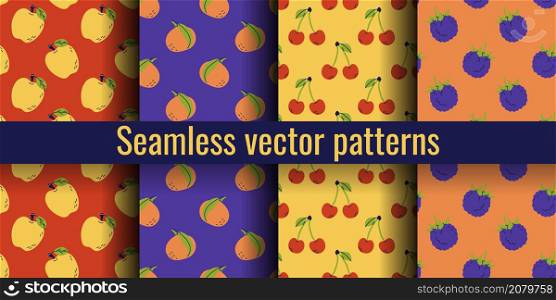 Apple, tangerine, cherry and blackberry. Fruit seamless pattern bundle. Color illustration collection in hand-drawn style. Vector repeat background set.. Apple, tangerine, cherry and blackberry. Fruit seamless pattern bundle. Color illustration collection in hand-drawn style. Vector repeat background set