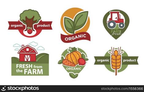 Apple tree and leaves tractor and barn vegetables and wheat spike organic product isolated icon vector carrot pumpkin and beet crop emblem and logo, farm food natural products nutrition agriculture. Organic product isolated icons farm food and agriculture