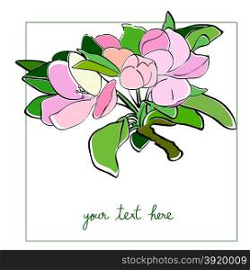 Apple tree flower card illustration, one element composition with simple frame over white