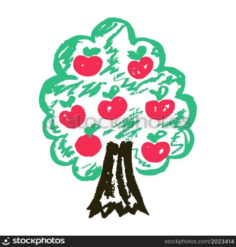 Apple tree. Icon in hand draw style. Drawing with wax crayons, colored chalk, children&rsquo;s creativity. Vector illustration. Sign, symbol, pin, sticker. Icon in hand draw style. Drawing with wax crayons, children&rsquo;s creativity