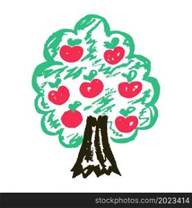 Apple tree. Icon in hand draw style. Drawing with wax crayons, colored chalk, children&rsquo;s creativity. Vector illustration. Sign, symbol, pin, sticker. Icon in hand draw style. Drawing with wax crayons, children&rsquo;s creativity
