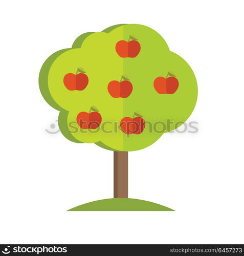 Apple tree with fruits icon. Vector illustration in flat style design. Plant pattern for environment, gardening, farming, business growing concepts. Isolated on white background. . Apple Tree vector illustration in flat style design.