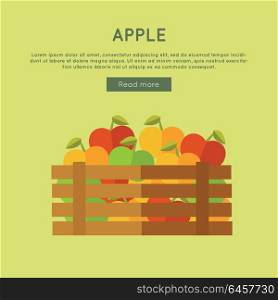 Apple vector web banner. Flat design. Illustration of wooden box full of fresh and ripe fruits on color background for grocery shop, farm, agricultural company web page design. . Apple Vector Web Banner in Flat Style Design.